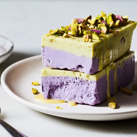 Creamy ube and pistachio ice cream bars, a refreshing summer dessert treat.  
