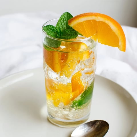 Refreshing Probiotic Soda Mocktail garnished with mint and citrus slices in glasses.