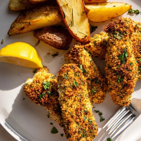 Juicy herbed chicken tenders paired with crispy potato wedges for a family feast.