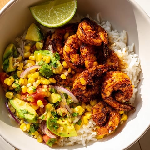 Steaming rice is topped with sizzling blackened shrimp and fresh avocado corn salsa.