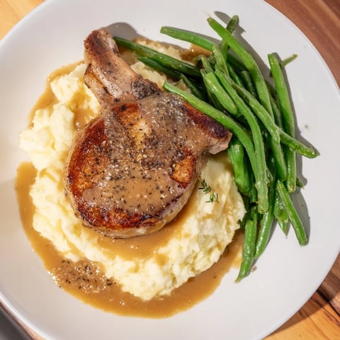 Savory Pork Chops & Cheddar Mash Bowl, juicy atop creamy mashed potatoes, with rich pan gravy.