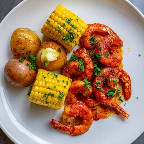 Vibrant Cajun Shrimp & Sweet Corn Platter bursting with flavor, served on a rustic wooden board.