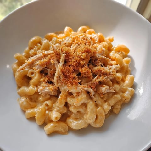 Creamy Classic Mac & Cheese with BBQ Chicken, bubbly and golden from the oven, ready to serve.