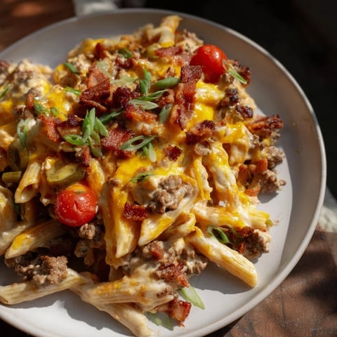 Creamy, cheesy Bacon Cheeseburger Pasta Bake with a crispy, golden brown topping, ready to serve.