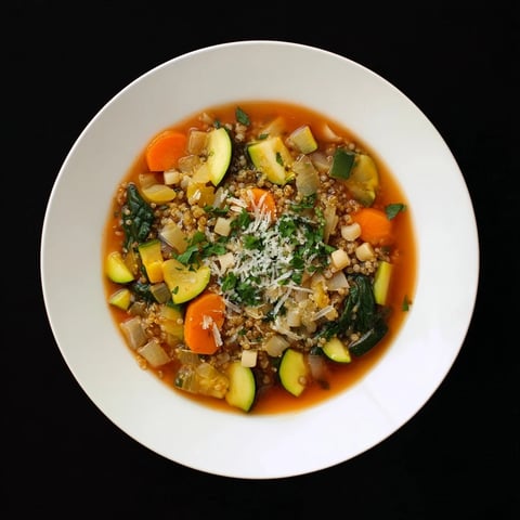 Steaming bowl of Minestrone with Quinoa & Winter Greens garnished, ready to enjoy this soup.
