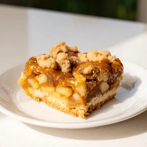 Golden caramel apple cookie bars, warm from the oven, offer a sweet, comforting dessert experience.