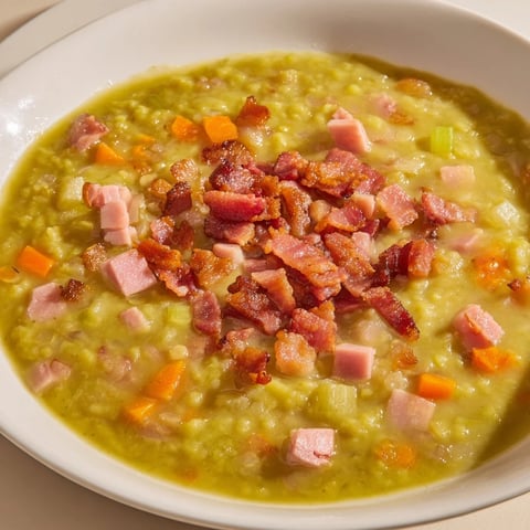 Creamy split pea soup with canned ham, garnished with crispy bacon, ready to enjoy.