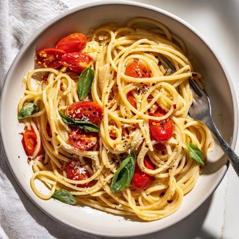 Steaming bowl of Lazy-Girl Pasta, glistening with tomatoes, Parmesan, and fresh basil, ready to enjoy.