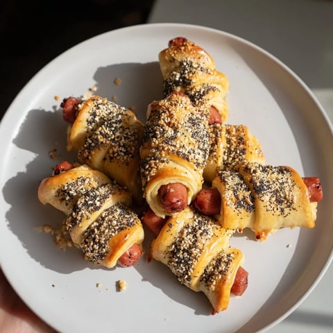 Golden-brown everything bagel pigs in a blanket, a perfect American appetizer ready to be enjoyed.