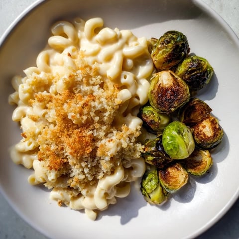 Golden, bubbly Sheet Pan Mac and Cheese with crispy Brussels sprouts, ready to serve and enjoy.