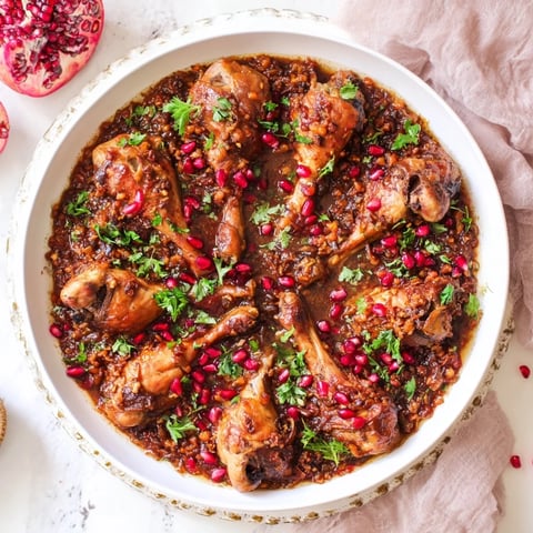 A close-up of steaming Pomegranate Walnut Fesenjan Stew with glistening chicken, ready to serve.