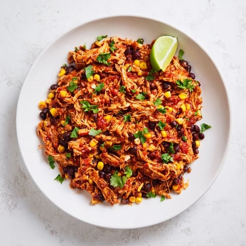 Slow cooker salsa chicken, vibrant red salsa coating tender shredded chicken, perfect for tacos.