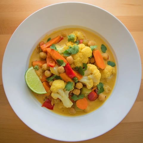 A steaming bowl of Curried Cauliflower and Chickpea Stew, garnished with fresh cilantro and lime.