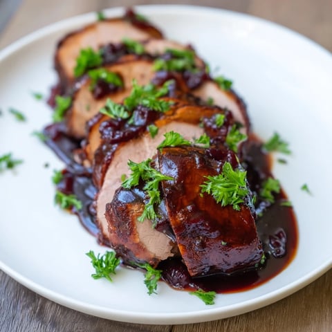 Juicy slices of Tart Cherry Date Glazed Pork Tenderloin feature a glistening, dark cherry glaze.