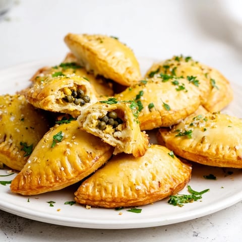 Flaky golden Chicken Piccata Mini Hand Pies, filled with savory chicken, capers, and lemon zest.