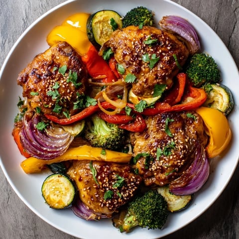 Golden-brown Spicy Honey-Garlic Chicken, glistening with glaze, alongside roasted vibrant vegetables for dinner.