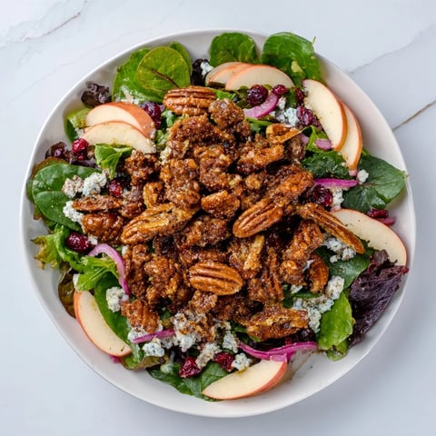 Gingerbread spiced candied pecan salad bursting with vibrant greens and creamy goat cheese waiting to be enjoyed.