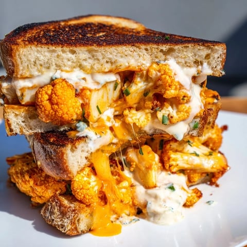 Golden-brown Buffalo Cauliflower Ranch Grilled Cheese, oozing melted cheddar, a comforting, cheesy delight.