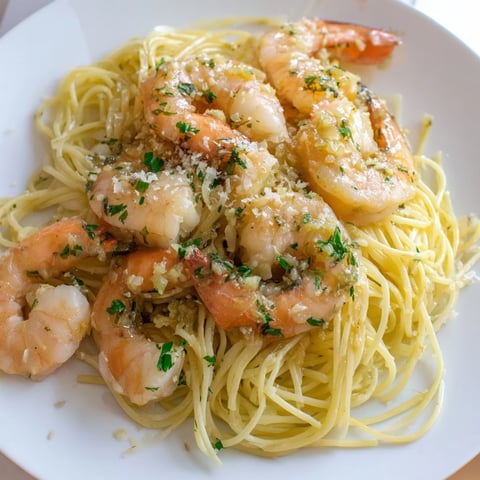 One-Skillet Lemon Garlic Shrimp Angel Hair Pasta with perfectly cooked shrimp and bright lemon.