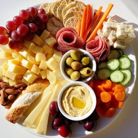 A visually appealing picnic basket snack board with cheese, fruit, and crackers for sharing.