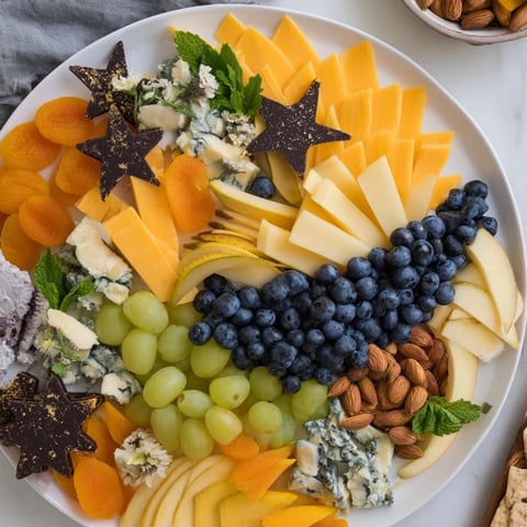 Crescent Moon Midnight Snack Board featuring brie, fruits, and nuts arranged artfully on a cheese board.