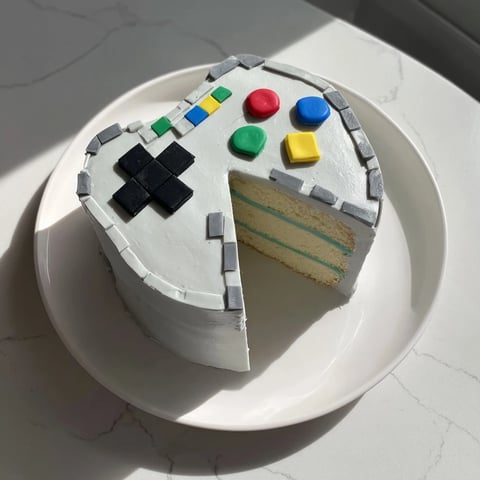 A vibrant, colorful Pixel Video Game Controller Cake, ready to be enjoyed at a gamer's birthday party.