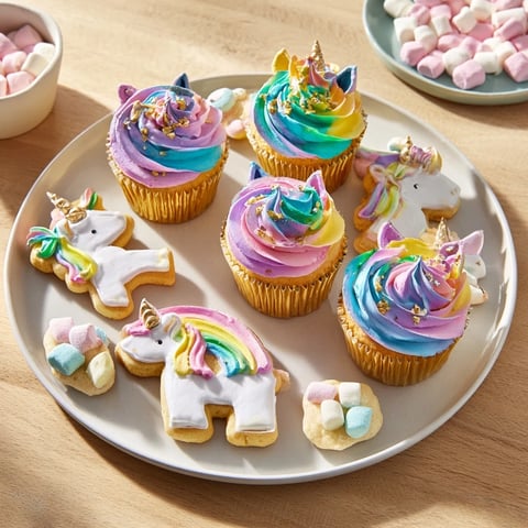 A dazzling Magical Unicorn Dessert Table overflowing with colorful cupcakes, meringue kisses, and cookies.