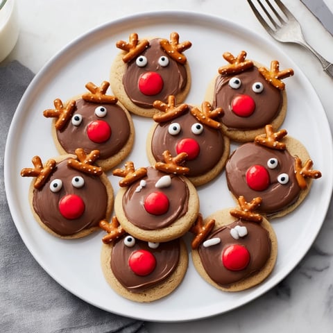 Festive Santa's Reindeer Cookie Platter, showcasing adorable cookies decorated with pretzels and candy.
