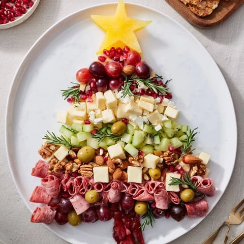 Festive Holiday Tree Appetizer Platter, a delightful arrangement of cheese, fruits, and meats for sharing.