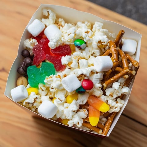 Movie Night Popcorn Box Treat Display overflowing with colorful candies, pretzels, and fresh, fluffy popcorn.