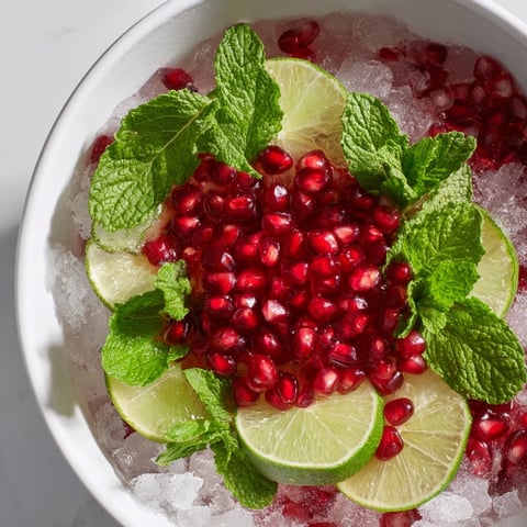 Festive pomegranate and mint wreath drink, visually stunning with vibrant red and green garnishes.