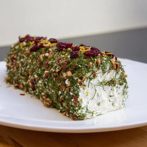 Creamy Winter Snowdrift Goat Cheese Log, covered in herbs and nuts, ready for dipping crackers.