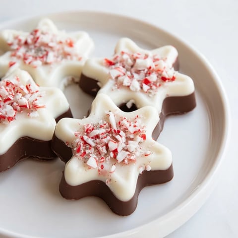 Freshly made Peppermint Bark Snowflakes: layers of chocolate, white chocolate, and crushed peppermint swirls.