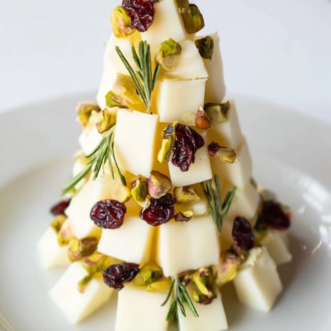 Festive Cranberry White Cheddar Tree appetizer piled high with tangy cranberries and crunchy pistachios.