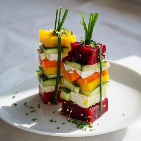Festive Stacked Gift Box Veggie Cubes with colorful veggies and feta, ready to serve as a snack.