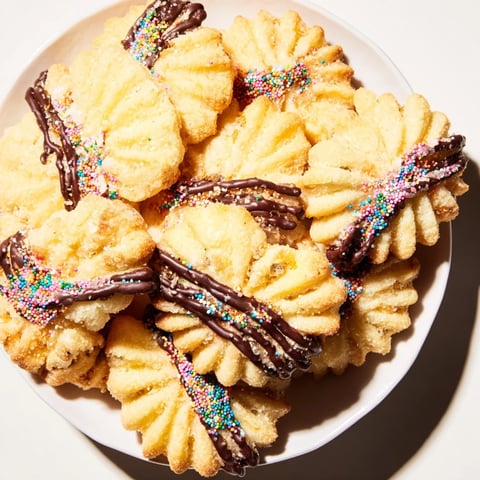Beautifully arranged spritz cookies layered in fan shapes, ready for a festive holiday cookie tray.