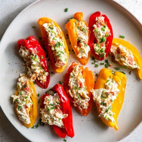 Vibrant mini bell pepper halves overflowing with creamy feta filling, a fresh Mediterranean appetizer.