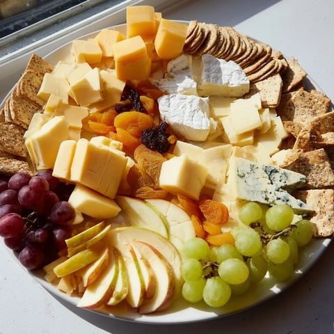Housewarming Open House Spread with cheese blocks, crackers, fruits, and nuts, perfect for guests.