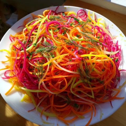 A vibrant "Spinning Top" salad with colorful, thinly shaved vegetables ready to eat.