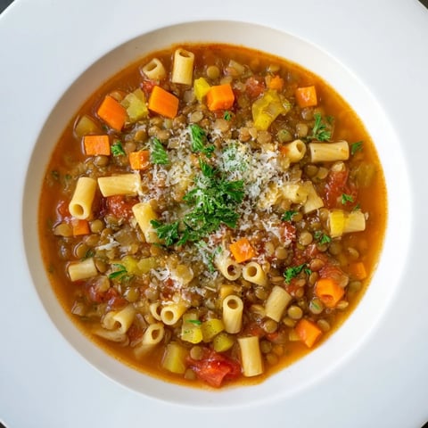 Steaming bowl of Ditalini and Lentil Soup, offering a hearty and flavorful vegetarian meal.