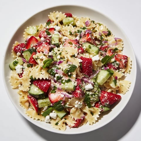 Strawberry Feta Pasta salad, a vibrant mix of sweet strawberries, creamy feta, and cool pasta.