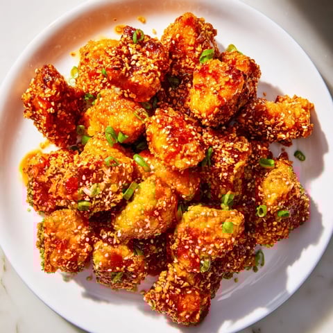 Golden-brown Honey-Sriracha chicken bites, glistening with a spicy-sweet sauce, ready to serve.