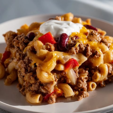A steaming bowl of one-pot chili mac with melted cheese and fresh, vibrant toppings.