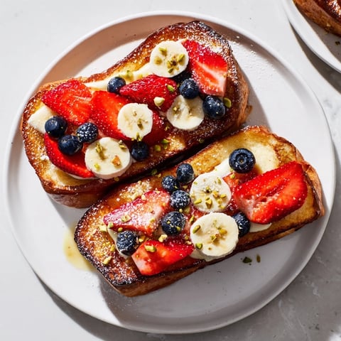 Golden-brown yogurt toast with bubbling fruit topping, ideal for a delightful brunch.