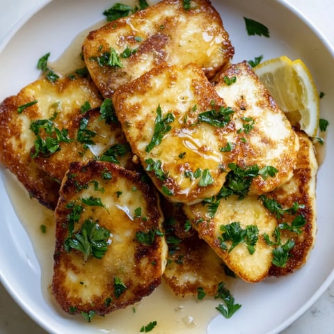 Golden and crispy Hot Honey Halloumi, drizzled with spicy honey, ready to eat with lemon wedges.