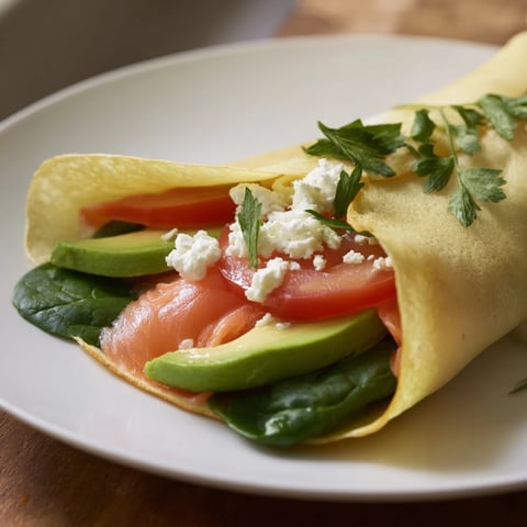 Golden-brown blender-egg crepe wrap, filled with spinach and salmon, ready to eat for a healthy breakfast.