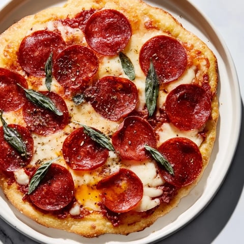 Golden-crusted ground beef pizza base topped with melted cheese and crispy pepperoni slices.