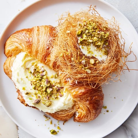 Golden, crispy Pistachio Cream Croissants, a delightful breakfast pastry with flaky layers and rich filling.