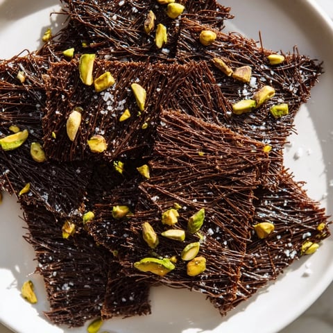 Golden, flaky Kataifi Chocolate Crunch Bark with a rich dark chocolate base, visible pistachios.