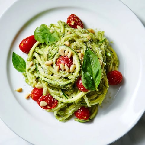 Vibrant avocado pesto zoodles, a healthy pasta alternative, is tossed with juicy cherry tomatoes.